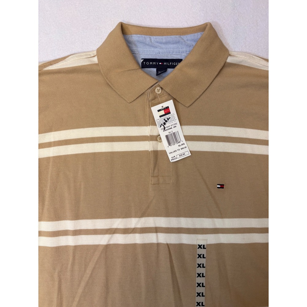 Tommy Hilfiger Mens XL Polo Shirt Tan White Striped Short Sleeve NWT 830232096